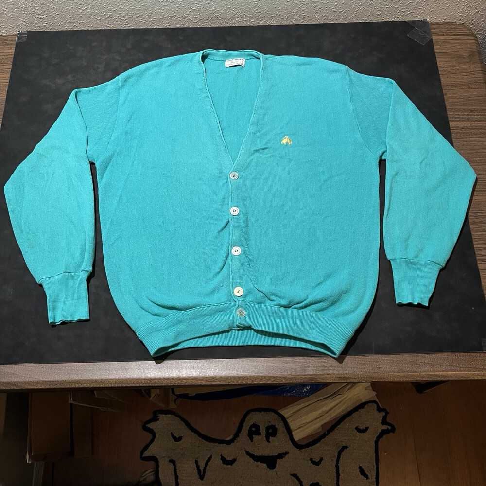 Vintage Brooks Brothers Cardigan Sweater USA Made Turquoise 70s Gatsby Art Deco